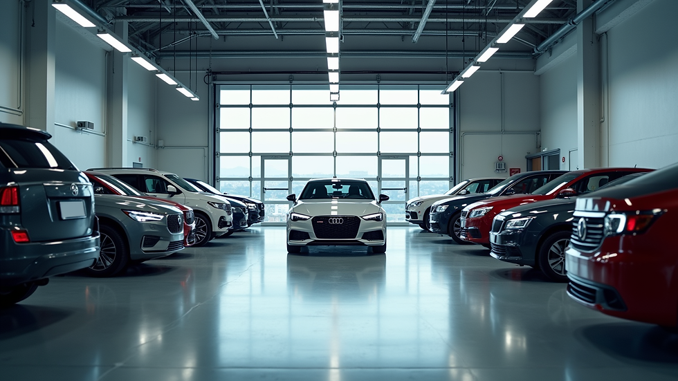 High angle view of a modern vehicle service center with various cars being serviced