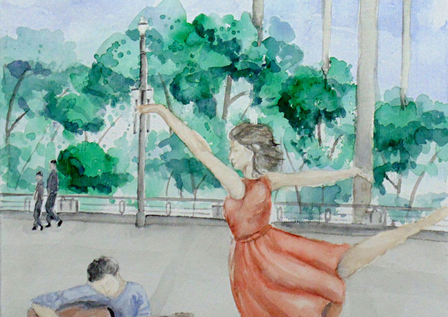 Aquarela retratando o Teatro Municipal de São Paulo em uma vista a partir do Viaduto do Chá, com vegetação no fundo e diversas pessoas passeando à frente.