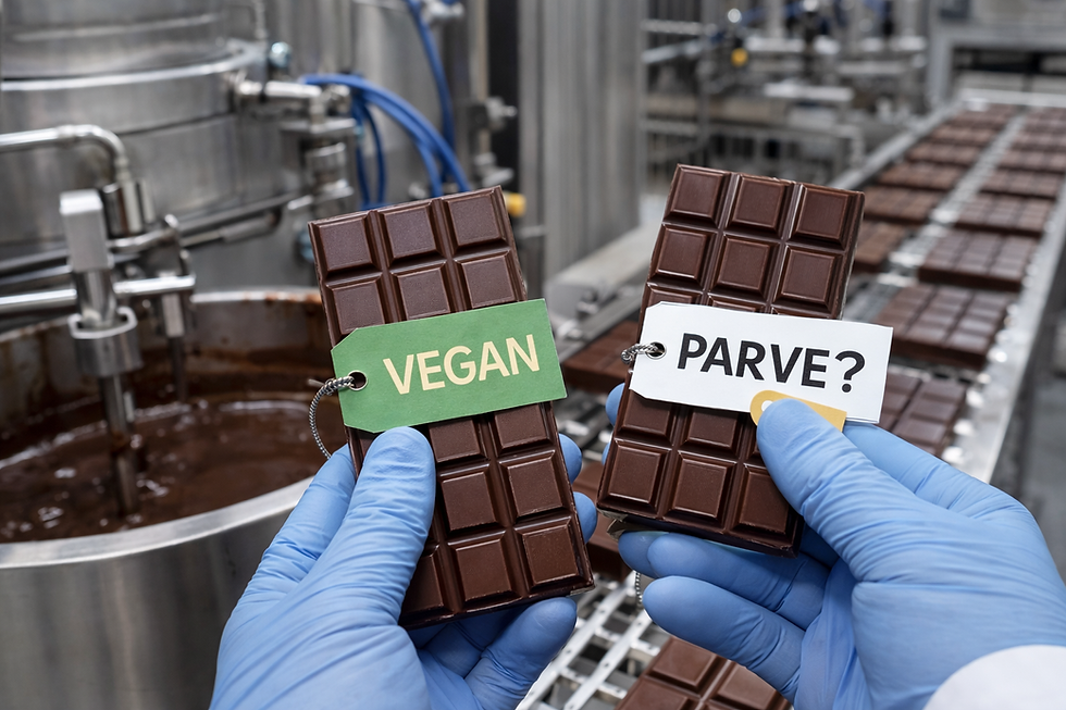 Gloved hands holding two chocolate bars in an industrial chocolate production line, one labeled vegan and the other questioning whether it is parve, with stainless steel equipment and molded chocolates in the background.