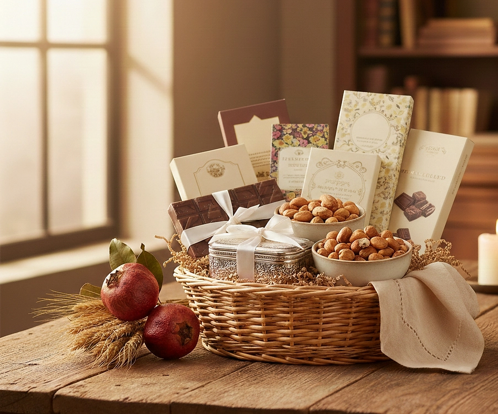 Mishloach Manot basket for Purim with kosher sweets, chocolate, nuts, and festive cards arranged on a wooden table in warm light