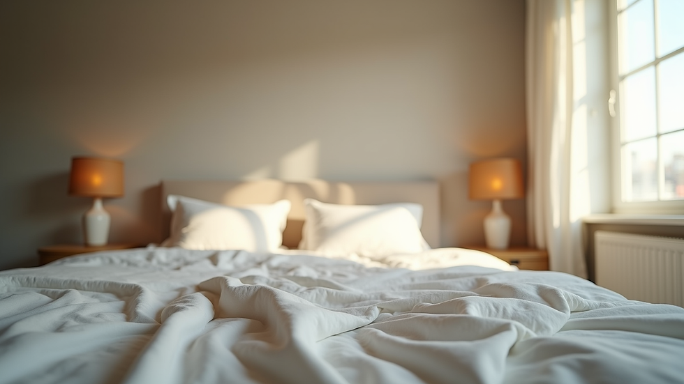 Close-up view of a serene bedroom with soft lighting and calming decor