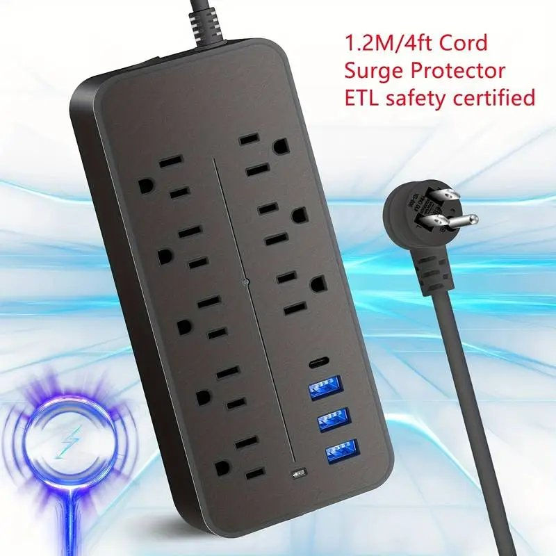 Miniatura: Power Strip Surge Protector - 8 Outlets, 3 USB Ports & 1 USB-C Port