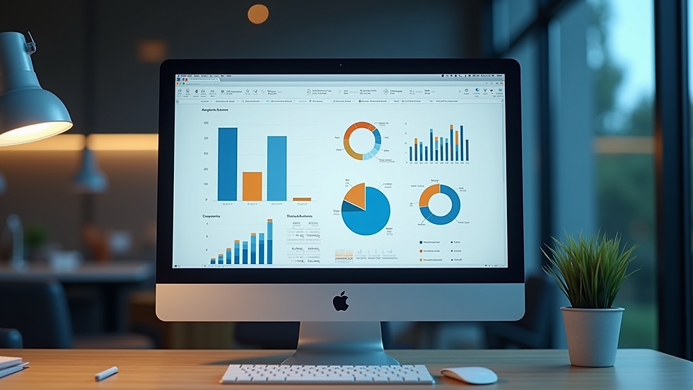 Primer plano de pantalla de computadora mostrando software de gestión fiscal con gráficos y datos
