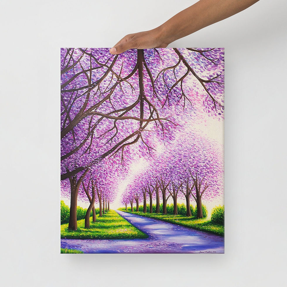 Thumbnail: Jacaranda Road Stretched Canvas Art Print of Tree path vertical landscape -