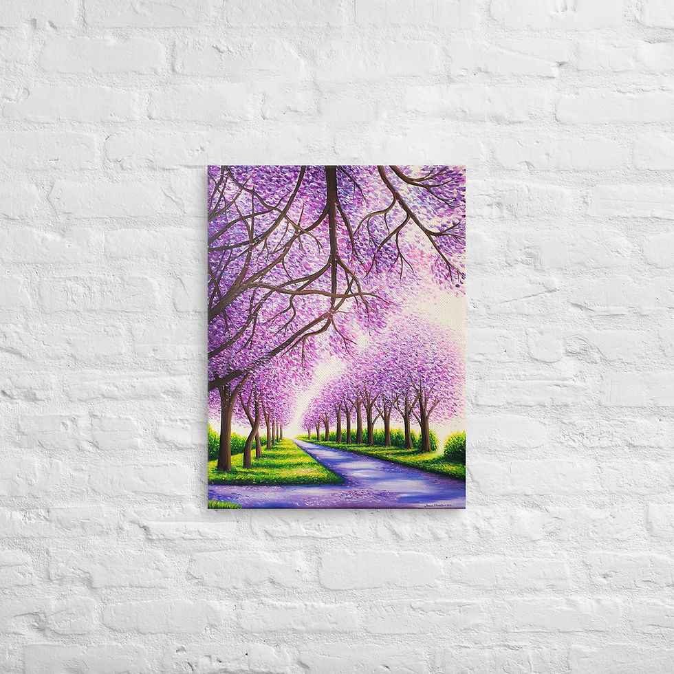 Thumbnail: Jacaranda Road Stretched Canvas Art Print of Tree path vertical landscape -