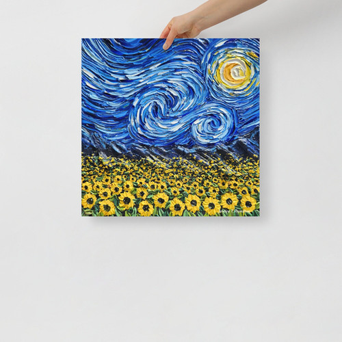 Art print poster Blue Starry Flower Field, fine art print of oil