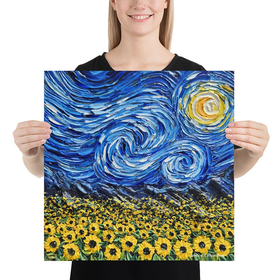 Thumbnail: Art print poster Blue Starry Flower Field, fine art print of oil painting