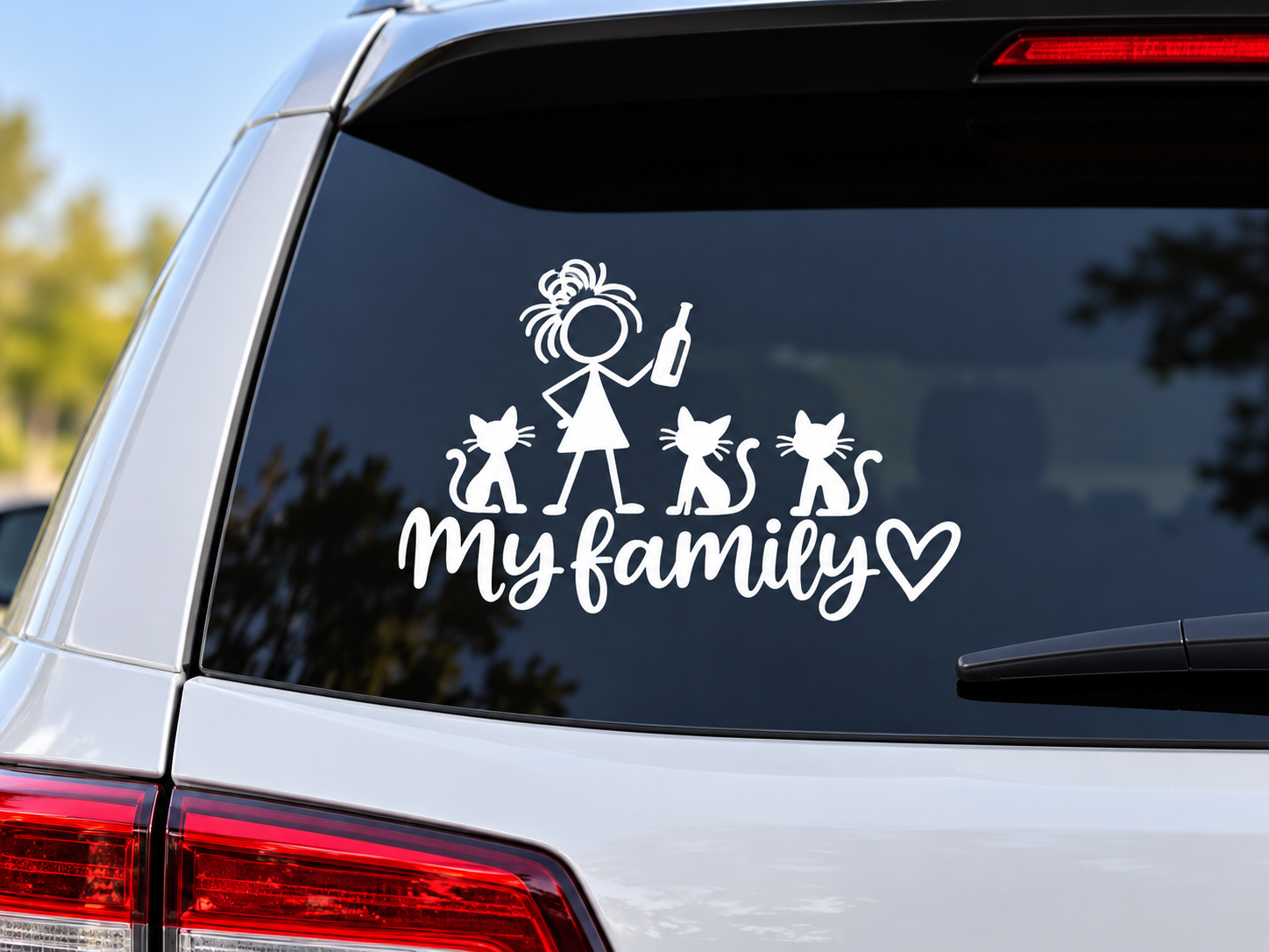 My Family cat mom white vinyl car decal featuring a woman holding a bottle with three cats