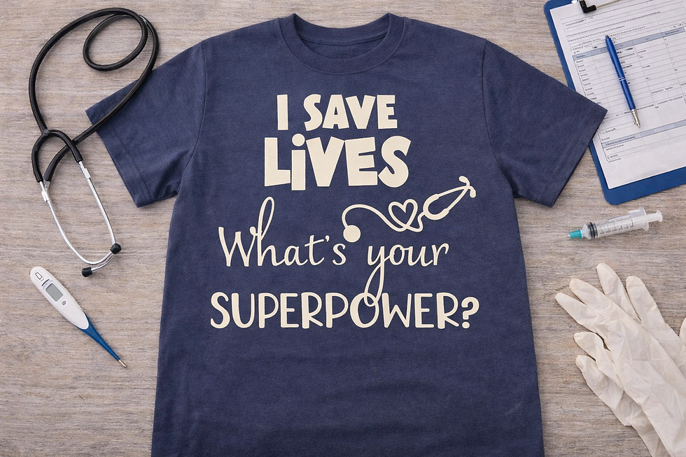 Navy blue healthcare T-shirt with white I Save Lives What's Your Superpower lettering and stethoscope heart design