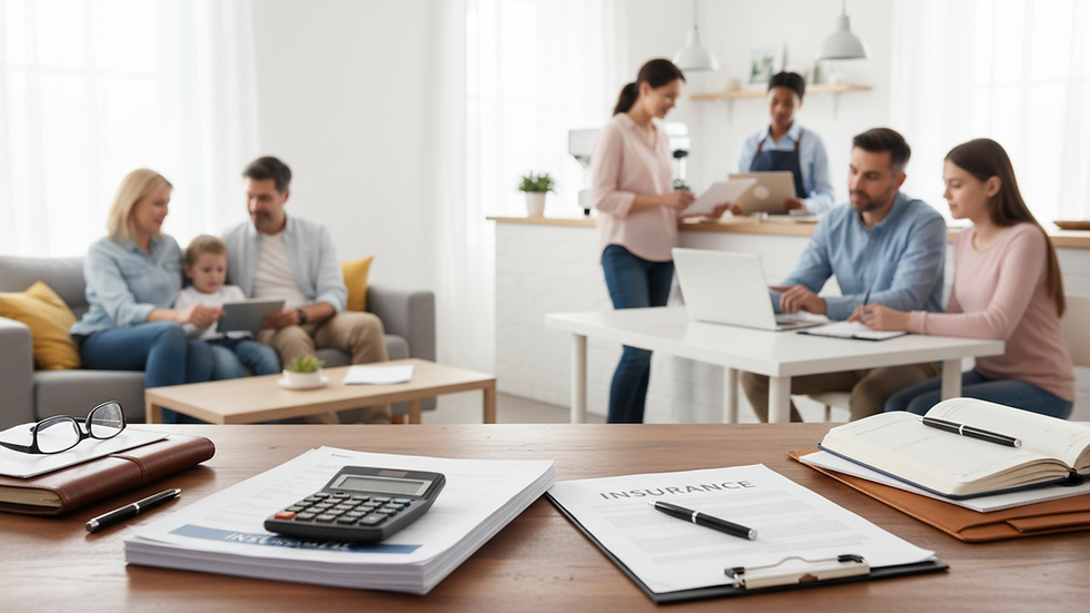 Eye-level view of a desk with insurance documents and a calculator