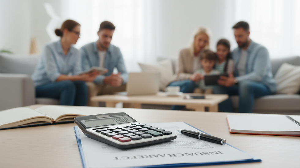 Close-up view of a calculator and insurance policy papers on a table