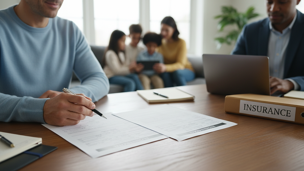 Close-up view of a person comparing insurance policy documents with a pen
