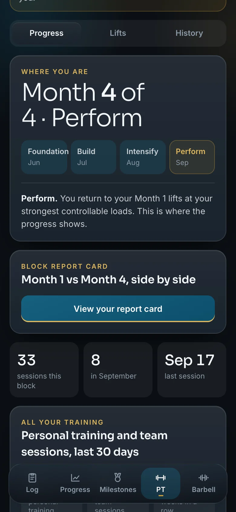 LEAP Personal Training progress view on a phone, showing training block progress and personal bests