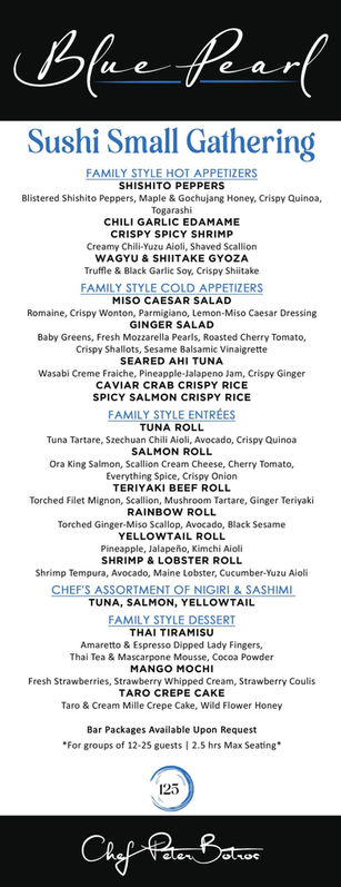 Blue Pearl Sushi Small Gathering menu