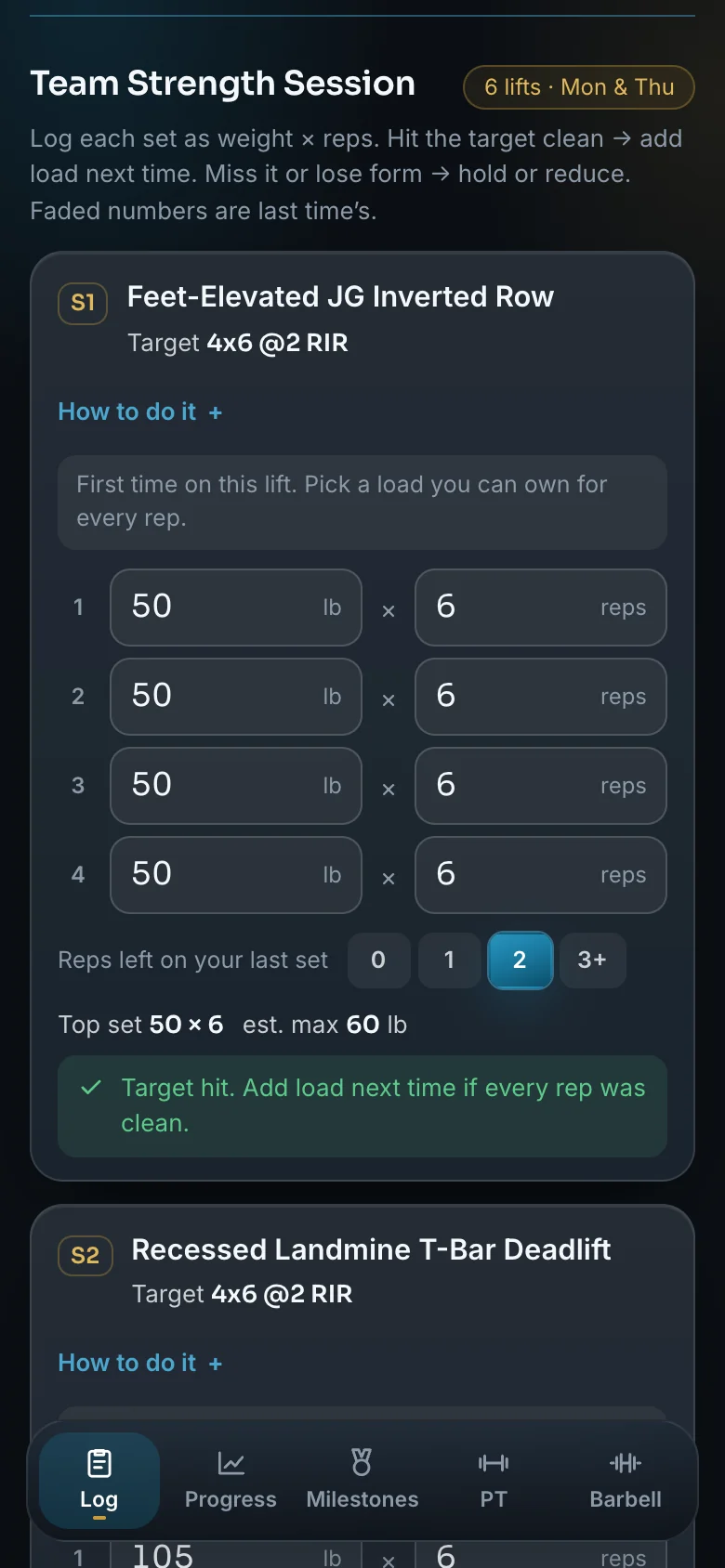 LEAP Team Session Log on a phone, showing the lifts programmed for a training session