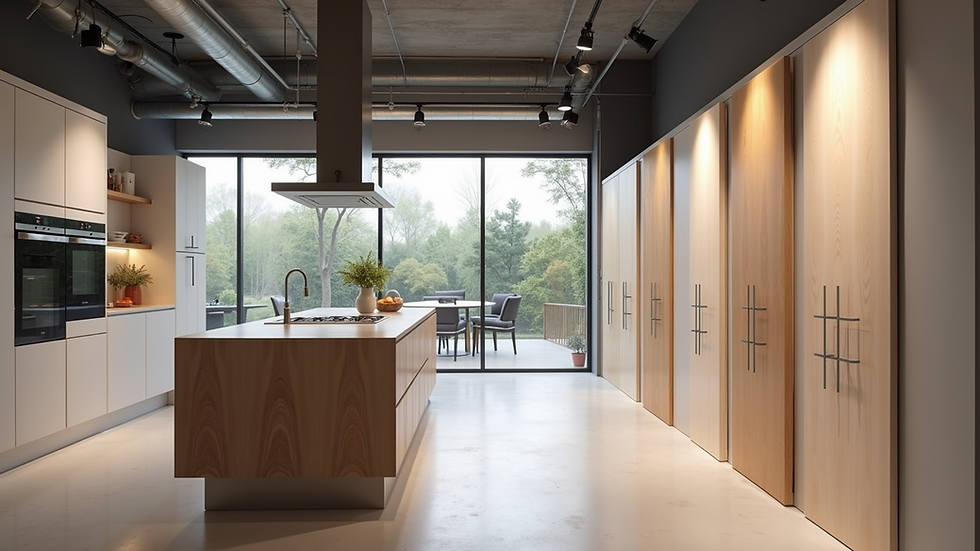 Wide angle view of a modern showroom featuring various kitchen door styles