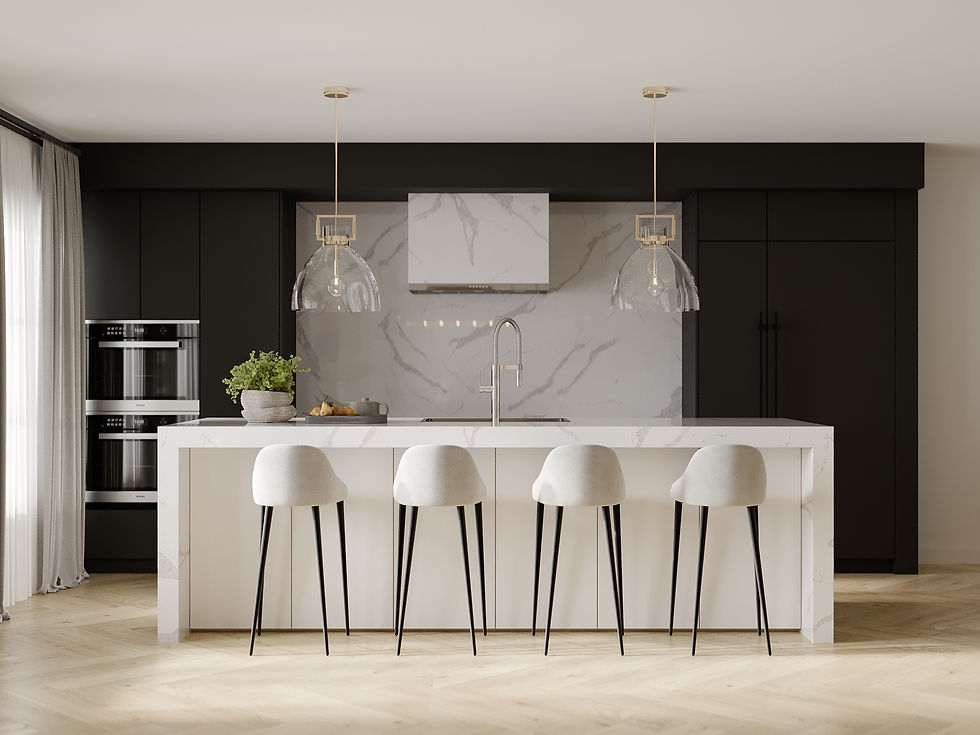 A minimalist black and white kitchen design with sleek cabinetry, contrasting tones, and a clean, modern aesthetic