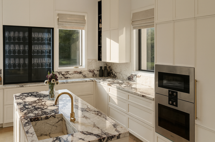Daylit kitchen detail with marble surfaces, soft neutral tones, and brass accents in a Toronto home designed by TADesign Studios.