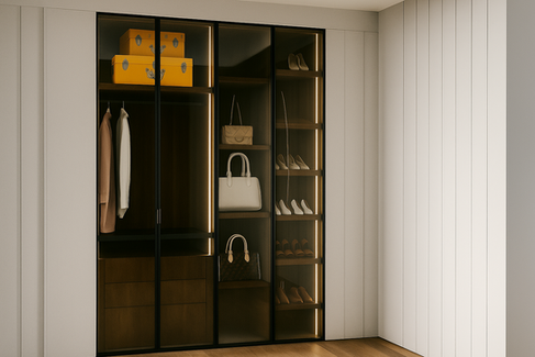Primary suite walk-in closet in Toronto home featuring rich finishes and modern organization systems