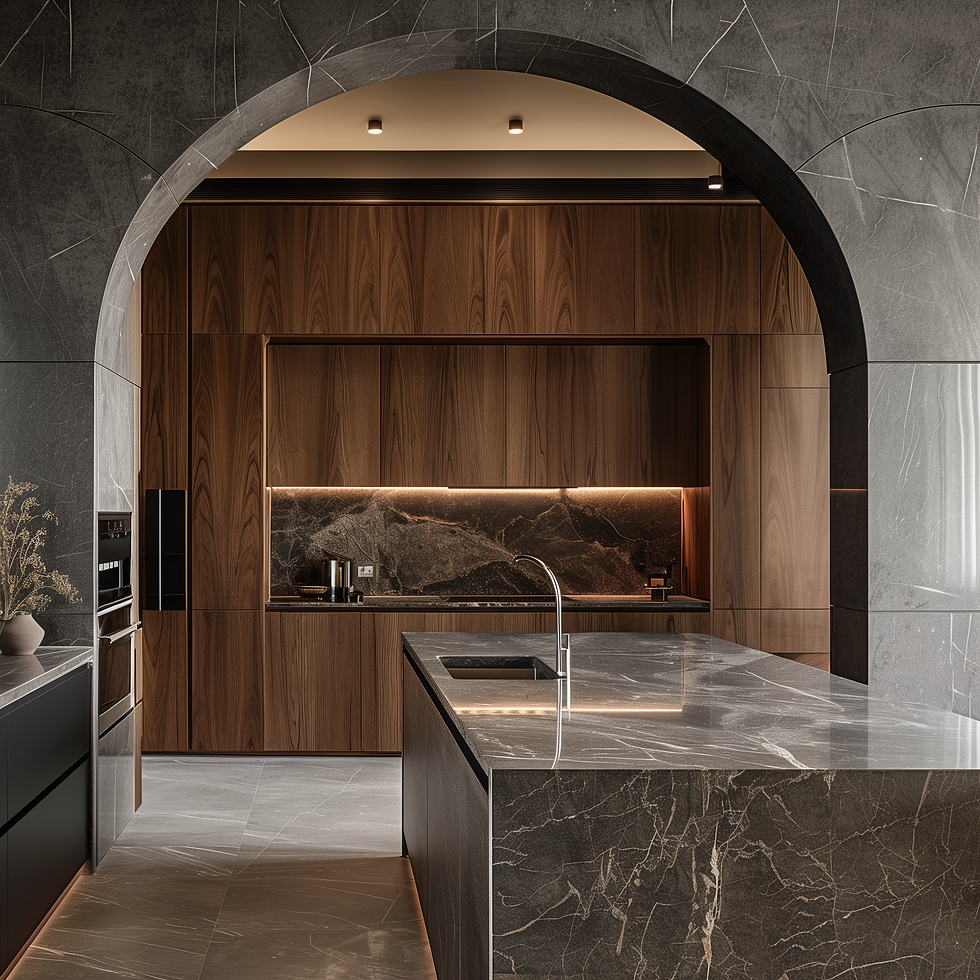 A moody walnut kitchen featuring rich wooden cabinetry paired with a dark countertop, creating a warm and sophisticated atmosphere.