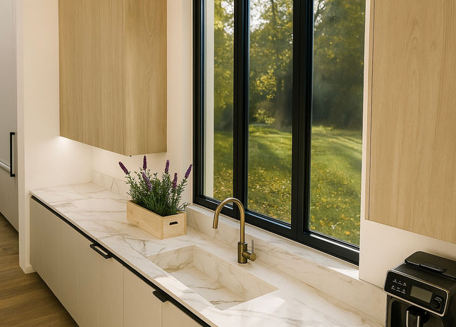 Sunlit modern kitchen with marble countertop, brass faucet, and large window overlooking greenery in Kingsway Toronto.