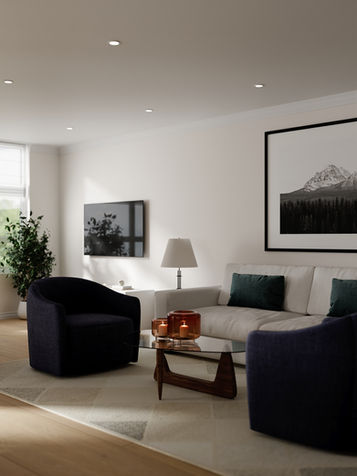 Cozy lounge corner with mid-century chairs and soft lighting in Toronto condo by TADesign Studios.