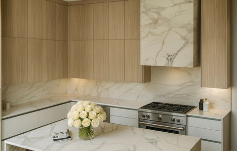 Modern marble kitchen with large island, warm wood cabinetry, and natural light in a Kingsway Toronto home by TADesign Studios.