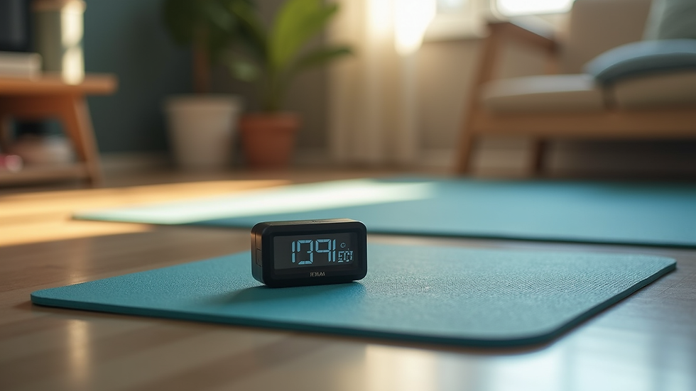 Close-up view of a timer and a mat on the floor ready for a home workout