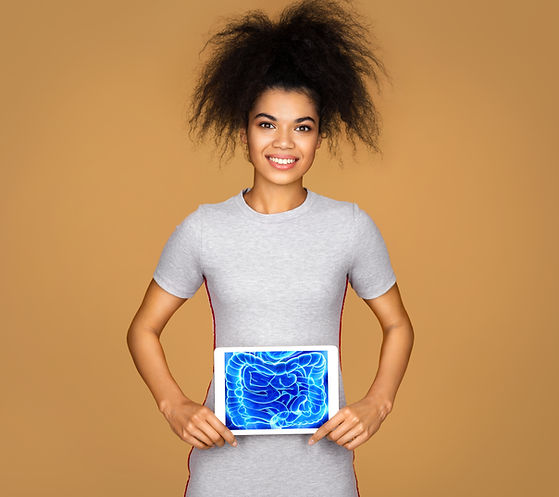 Girl shows the x-ray image of the intest