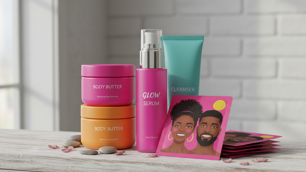 Eye-level view of skincare products arranged on a wooden shelf