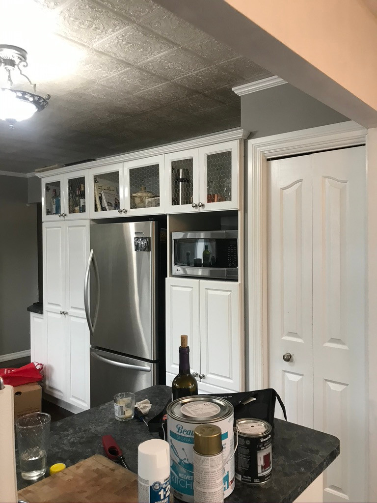 DIY Kitchen Transformation | Before Photo | White Shelves Surrounding Fridge