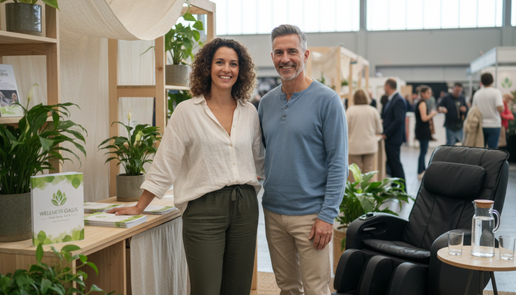 Eye-level view of two wellness practitioners speaking beside a calm booth with brochures, plants, and a massage chair.
