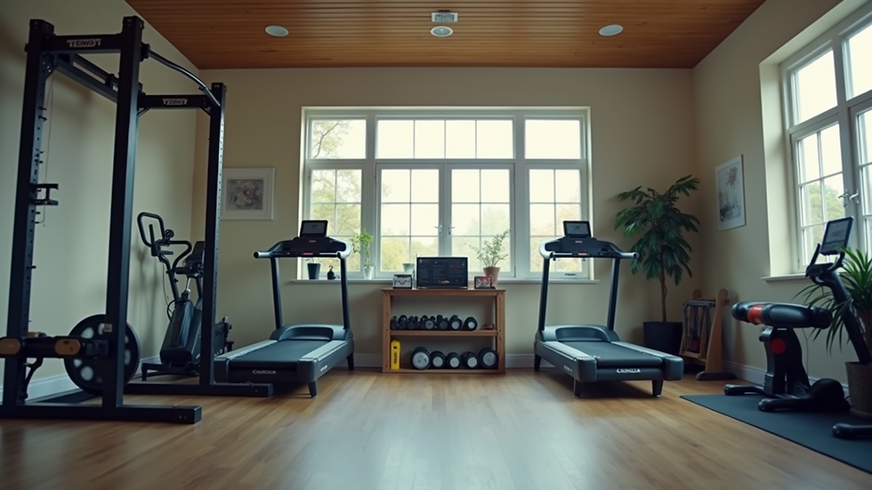 Eye-level view of a neatly organized home gym set up for senior fitness