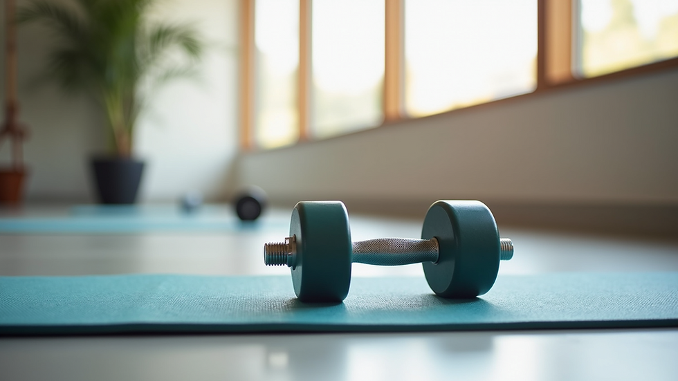 Close-up of dumbbells and yoga mat in a bright exercise space