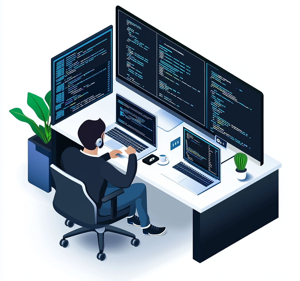 Illustratie van developer die werkt aan softwareontwikkeling op meerdere schermen in een technische werkplek