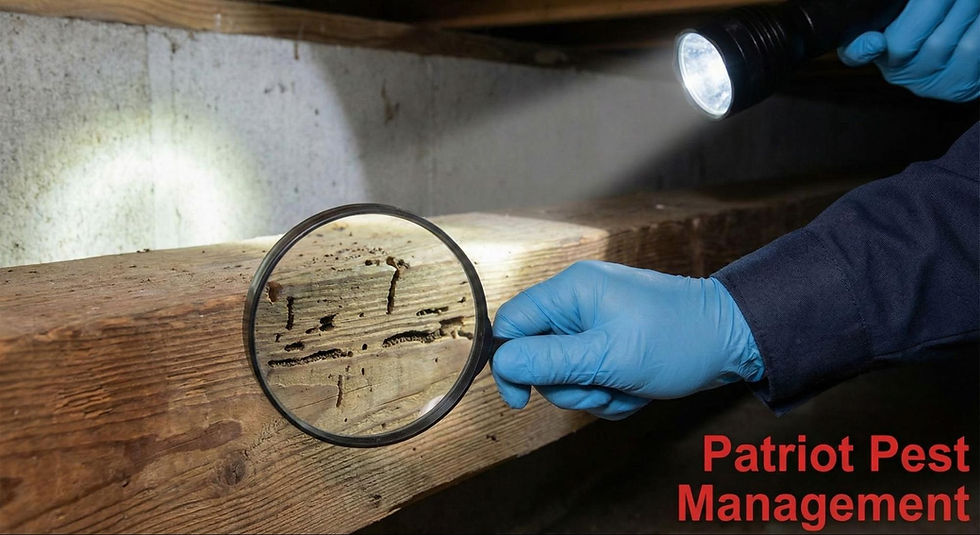 Gloved hand uses a magnifying glass and flashlight to inspect termite damage inside a wooden beam.