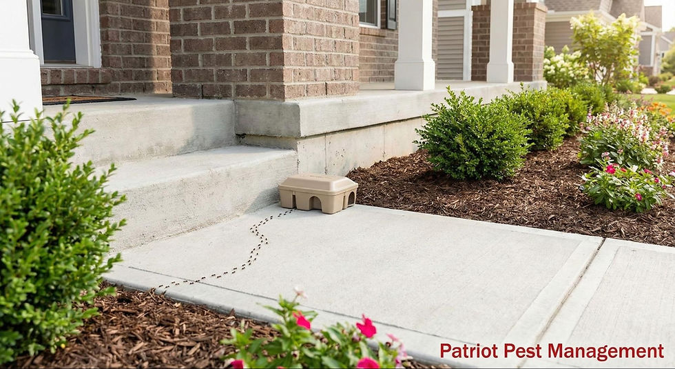 Ant trail leads to a bait station placed near a home’s front porch, showing outdoor ant activity along the walkway.