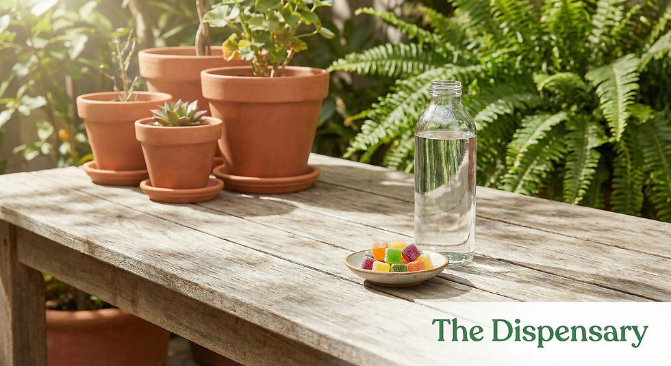 A small plate of colorful THC gummies on a rustic outdoor table beside a bottle of water.