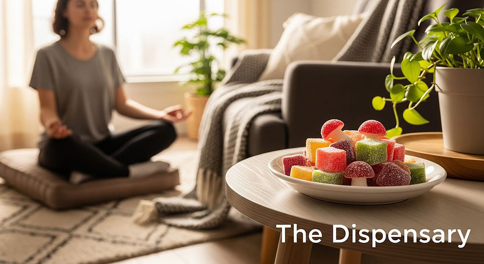 A bowl of colorful THC gummies on a table beside a person meditating.