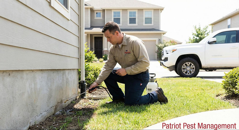 Pest management technician kneels beside a home, applying treatment along the foundation while a service truck is parked nearby.