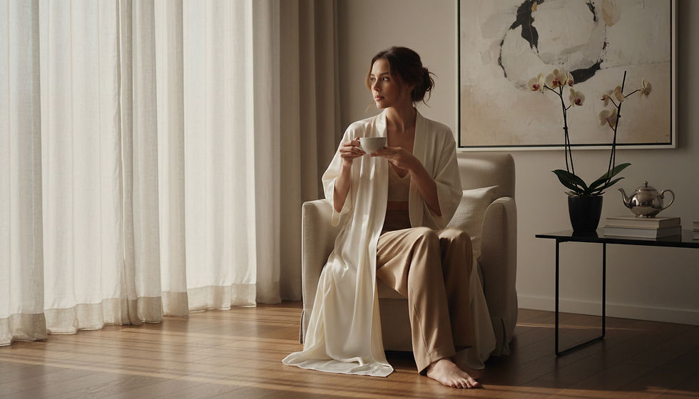 Woman in soft morning light practicing quiet luxury rituals in an elegant, minimalist space