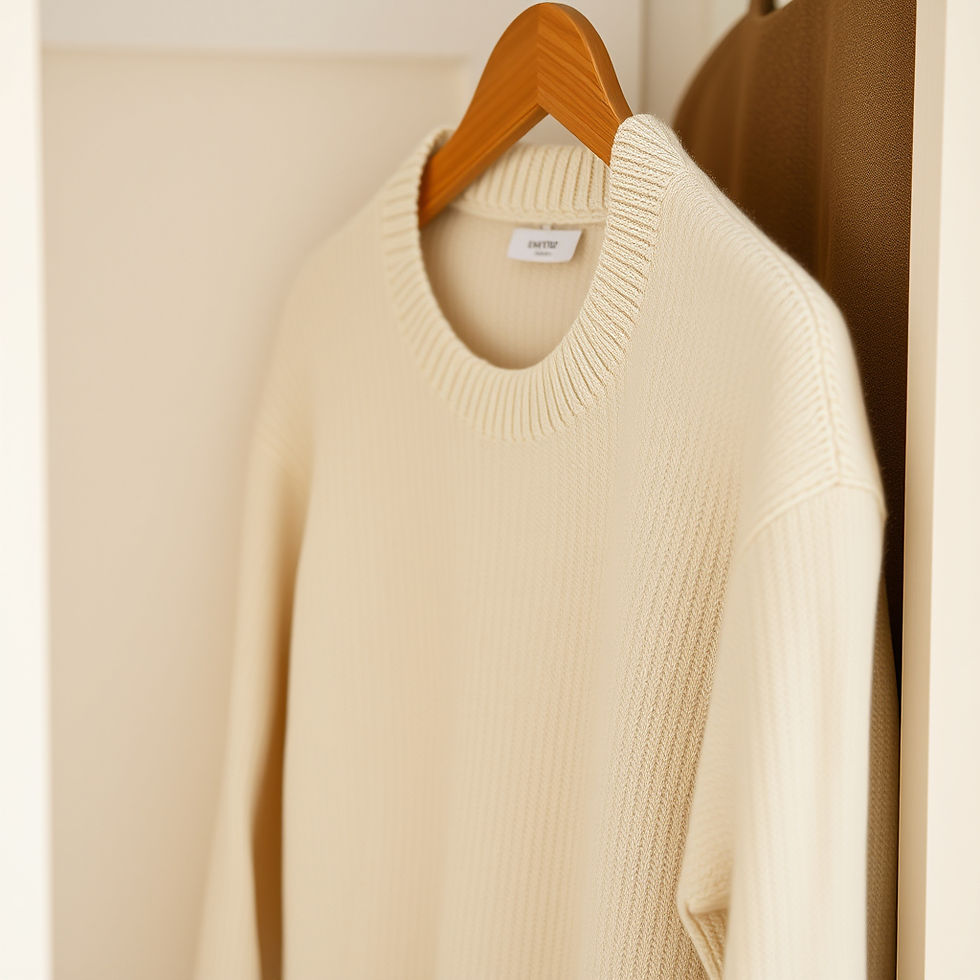 A beige sweater on a wooden hanger in a light-colored closet. A label reads "UNITED." The mood is calm and minimalistic.