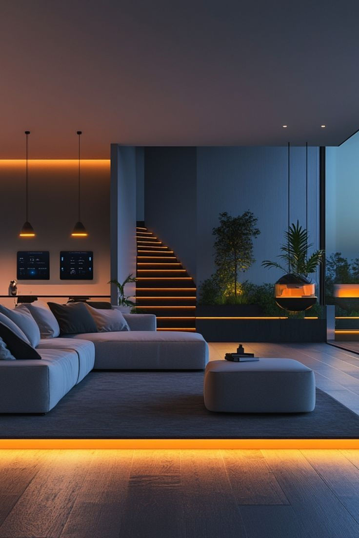 Modern living room with sleek furniture, ambient orange lighting