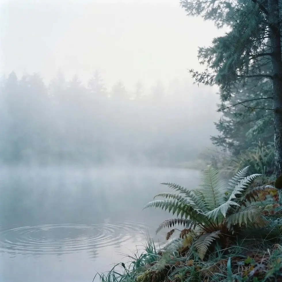 Landscape photography of a serene, mist-covered forest lake with a fern in the foreground. The scene has a cool, moody atmosphere with low-hanging fog over the water.