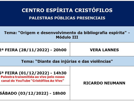 PALESTRAS PÚBLICAS PRESENCIAIS - 28/11, 01/12 e 03/12 de 2022