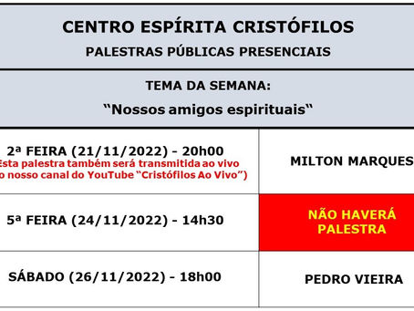 PALESTRAS PÚBLICAS PRESENCIAIS - 21/11 e 26/11 de 2022