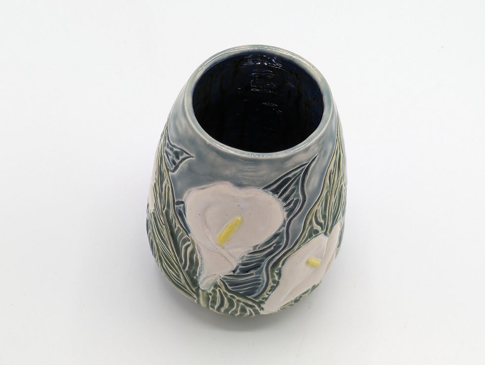 Thumbnail: Hand Thrown Pottery, Glazed and Carved Arum Lily Vase