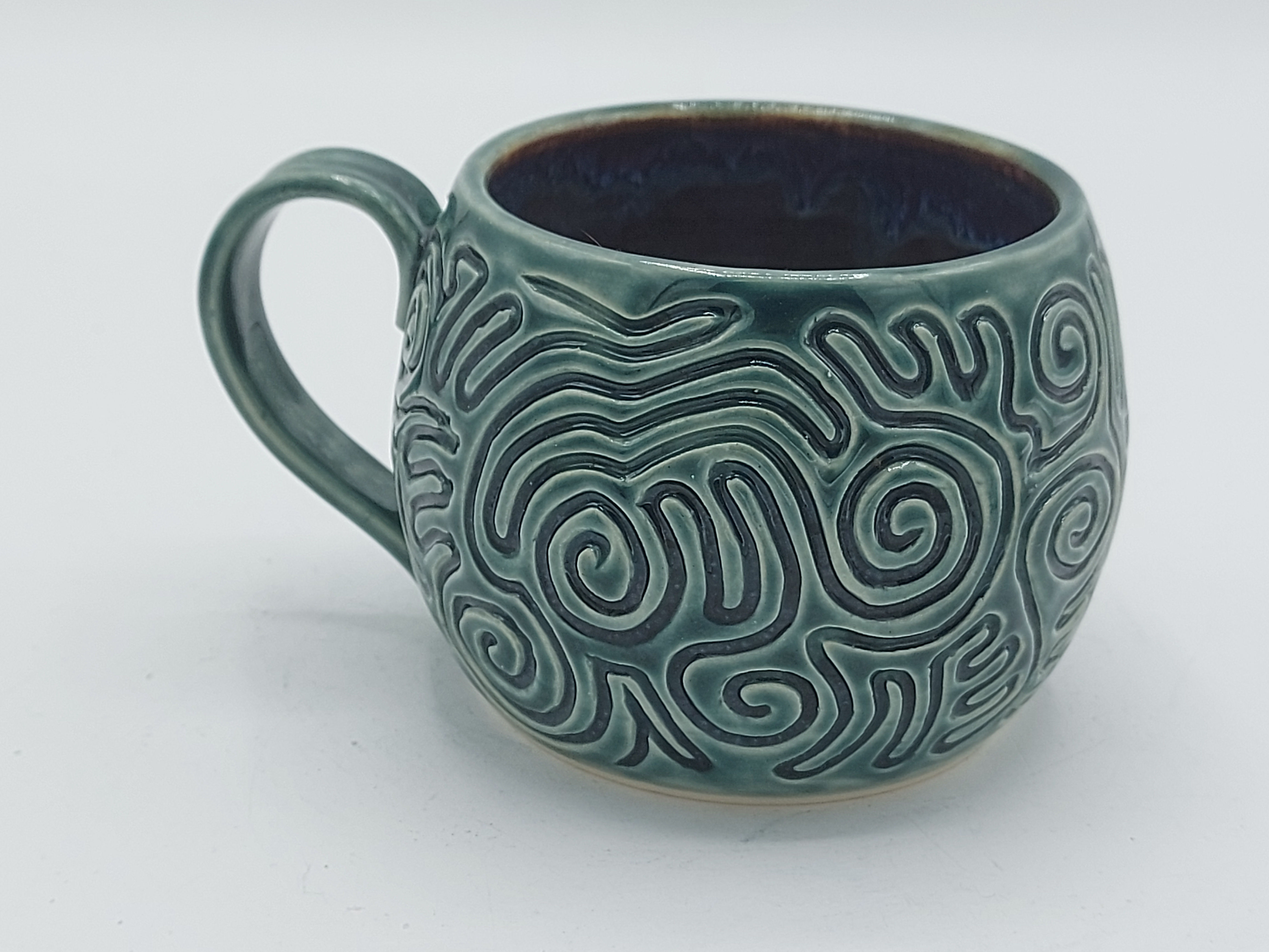 Unique Hand Thrown, Glazed and Carved abstract Mug