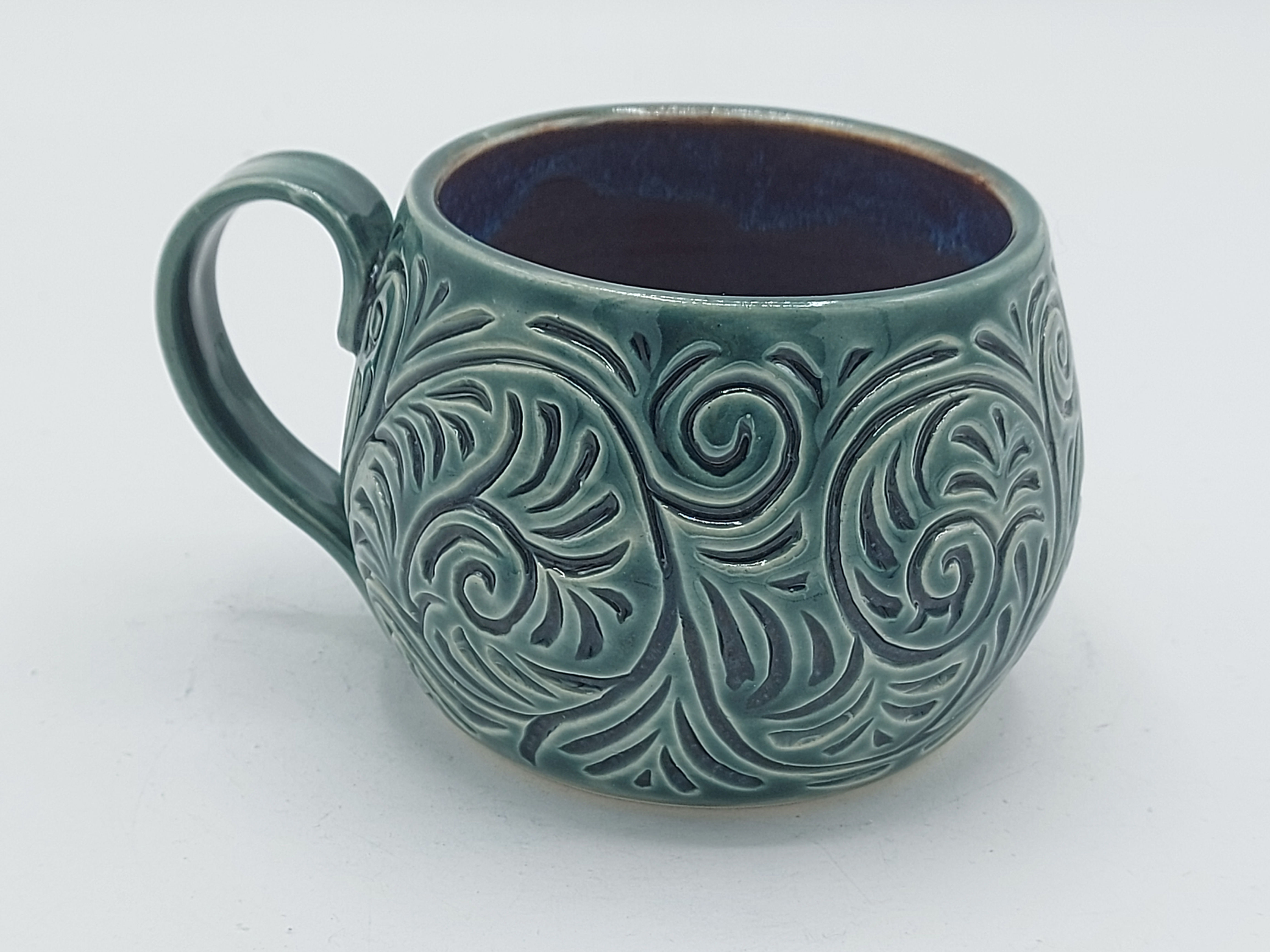 Unique Hand Thrown, Glazed and Carved Stoneware Pottery Mug