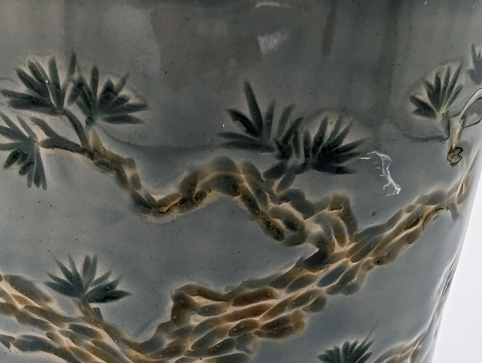 Thumbnail: Hand Thrown Pottery, Glazed and Carved Pine Tree Vase